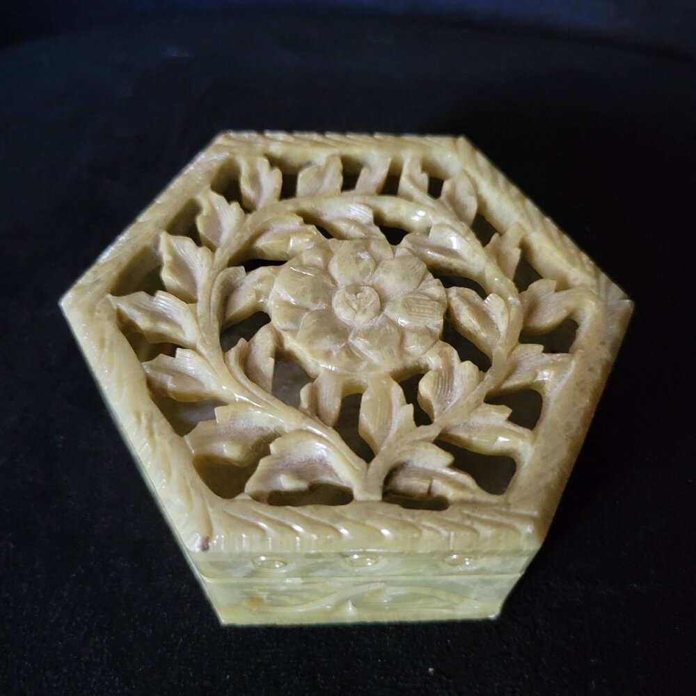 Vintage Carved Soapstone Trinket Box, Green Soapstone Hexagon Trinket Box